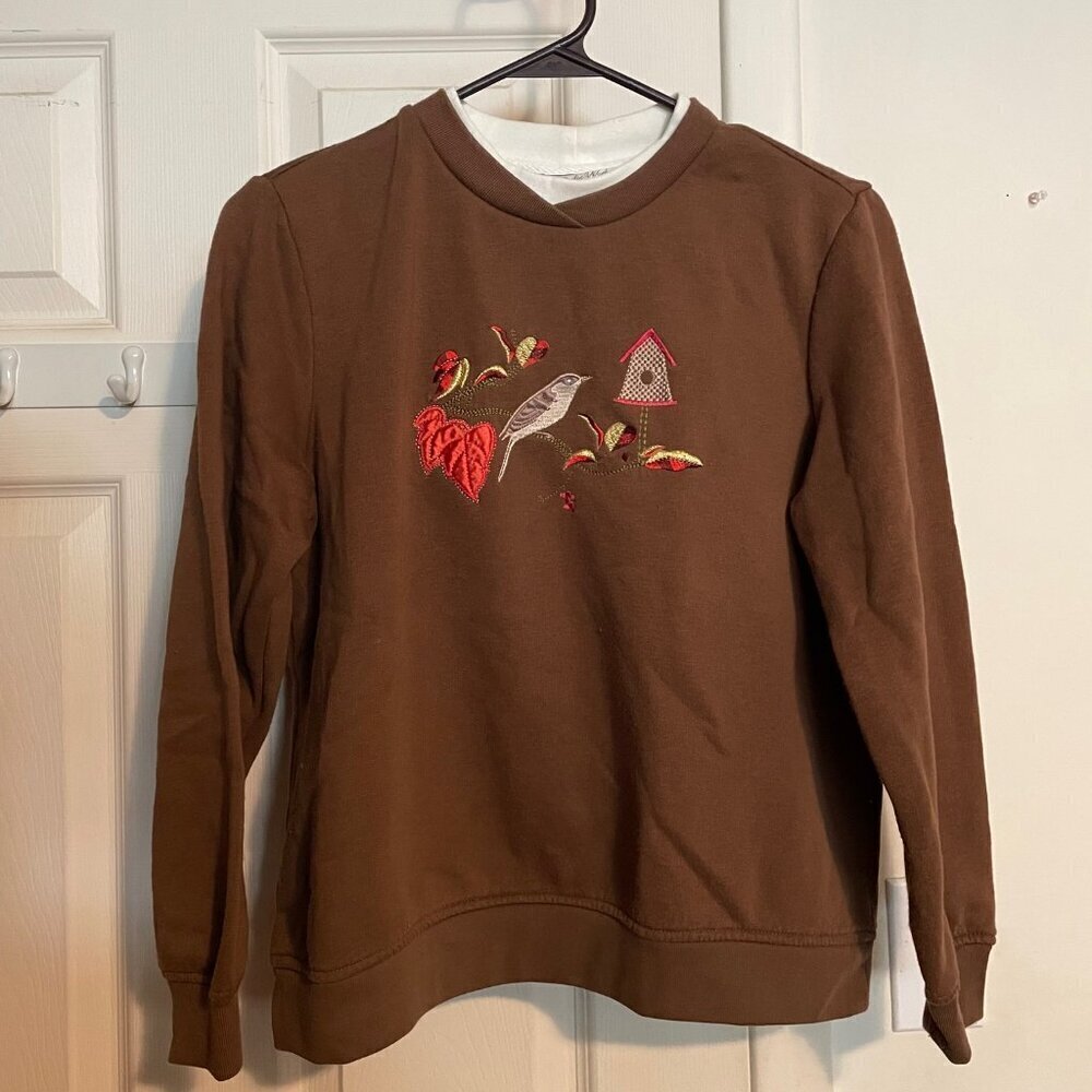 Studio Works Crewneck Sweater Layered Neckline Bird Design Brown Size Petite M